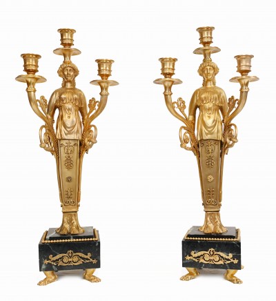 Pair French Empire Ormolu Marble Candelabras Candle Sticks