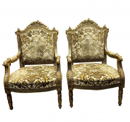 Pair French Gilt Armchairs Louis XVI Fauteuil