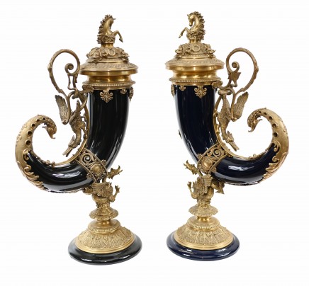 Pair Porcelain Cornucopia Vases Horn of Plenty French Urns