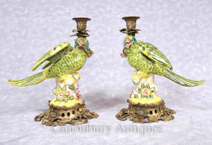 Pair French Porcelain Parrot Candle Holders Ormolu Candelabras