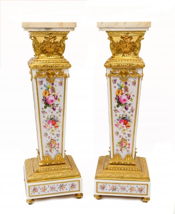 Pair French Porcelain Pedestal Stands Louis XVI Floral Gilt