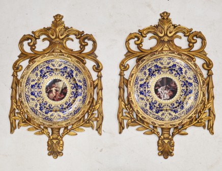 Pair French Porcelain Plaques Paris Sevres Plates Gilt Frame