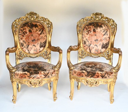 Pair French Salon Chairs Art Nouveau Gilt Fauteuils