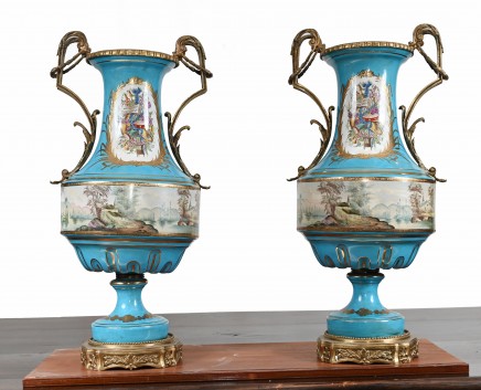 Pair French Sevres Porcelain Vases Baluster Form Urns