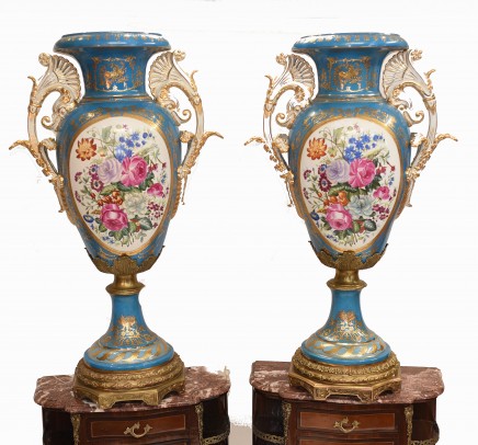 Pair French Sevres Porcelain Vases Large Urns