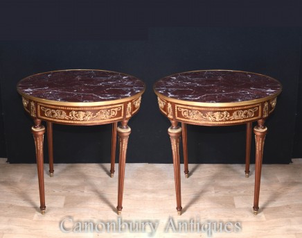 Pair French Side Tables - Empire Gilt Marble