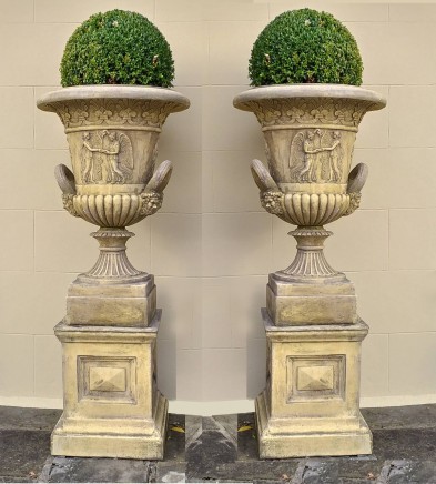 Pair Garden Campana Urns Pedestal Base Classical Thomas Hope Terracotta