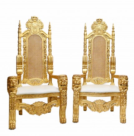 Pair Gilt Thrones Arm Chairs Hand Carved Lions Heads