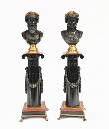 Pair Grand Tour Busts on Stands Bronze Jupiter Juno 1820