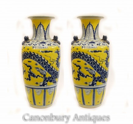 Pair Imperial Yellow Chinese Porcelain Ming Urns Painted Dragon