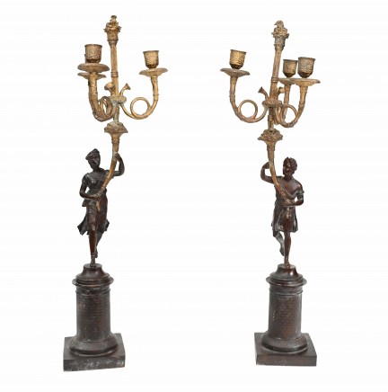 Pair Italian Bronze Candelabras Classical Gilt Figurines