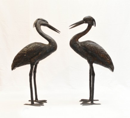 Pair Japanese Bronze Cranes - Bird Garden Statue