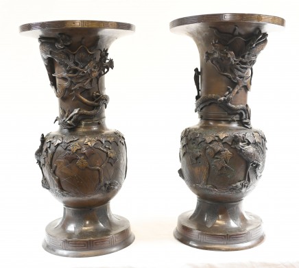 Pair Japanese Bronze Vases Antique Dragon Urns 1880