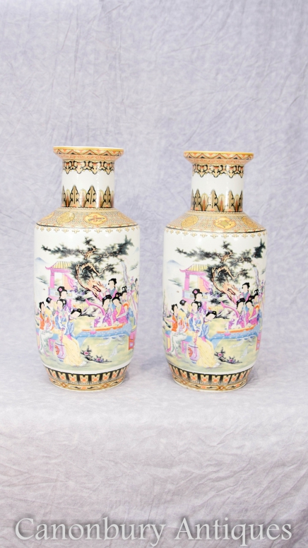 Pair Japanese Satsuma Porcelain Vases Urns Geishas Ceramic