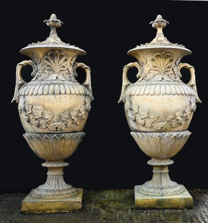 Pair Large English Stone Garden Urns Amphora Vase