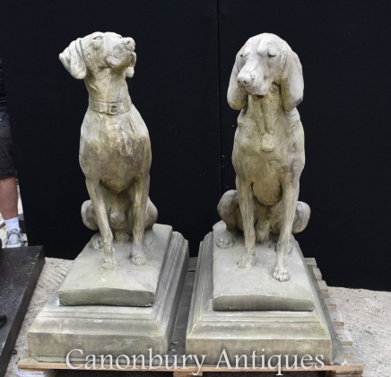 Pair Large Stone Guard Dogs Hounds - English Garden Gatekeepers