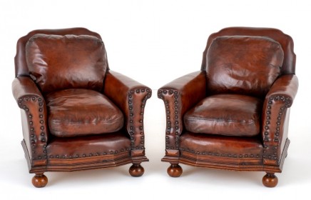 Pair Leather Club Chairs Armchairs