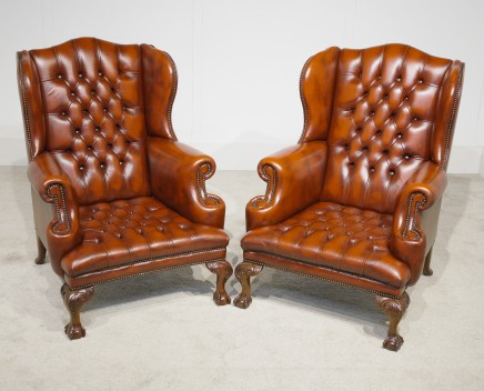 Pair Leather Wingback Arm Chairs Chesterfield