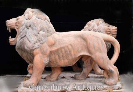 Pair Lifesize Pink Marble Lions Lion Gatekeepers Medici Garden