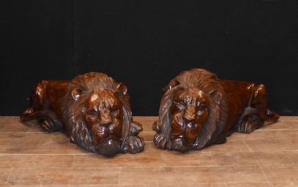 Pair Lion Statues - Lifesize Recumbant Gatekeeper Cats