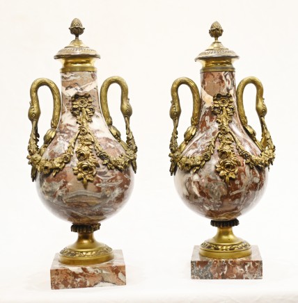Pair Marble Cassolette Urns French Empire Decorative Vases 1890