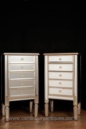 Pair Mirrored Chests of Drawers Art Deco Nightstands Furniture Tall Boy