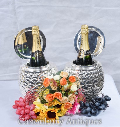 Pair Pineapple Champagne Buckets - Silver Plate Wine Cooler Holders