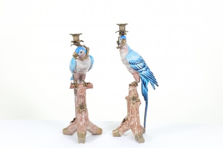 Pair Porcelain Parrot Candelabras Tropical Bird Candles