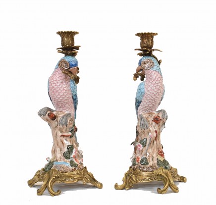 Pair Porcelain Parrot Candlesticks Tropical Bird French Candelabras