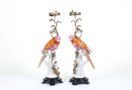 Pair Porcelain Parrot Stands French Tropical Bird Statues