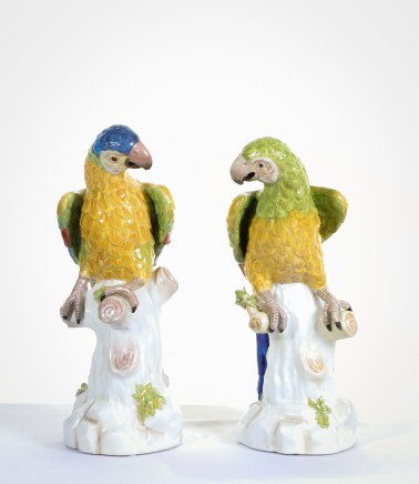 Pair Porcelain Parrots Statues Tropical Bird