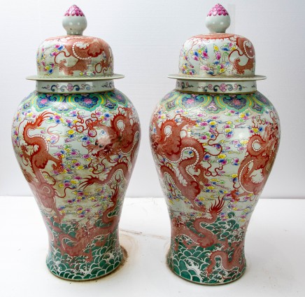 Pair Qianlong Porcelain Vases - Chinese Dragon Urns Ginger Jars