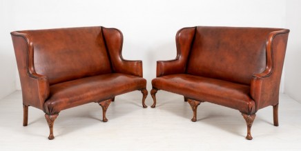Pair Queen Anne Settee Sofa Leather Arm Chairs