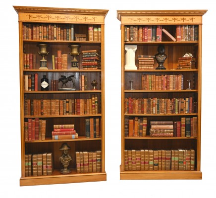 Pair Regency Bookcases - Open Sheraton Satinwood 7 ft English