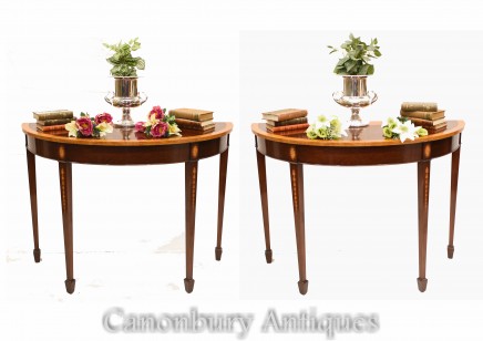 Pair Regency Console Tables - Half Round Mahogany Hall Tables