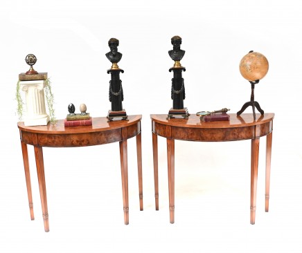 Pair Regency Console Tables Demi Lune Classical Marquetry