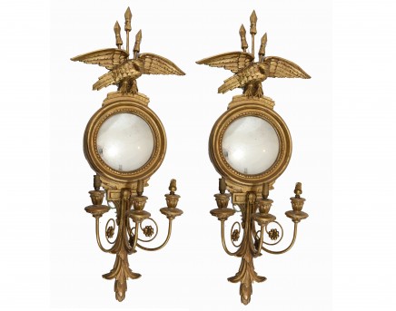 Pair Regency Convex Mirrors Eagle Carved Girandole