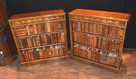 Pair Regency Low Open Bookcases in Walnut Marquetry Inlay