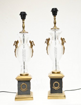 Pair Regency Table Lamps Crystal Glass Lights