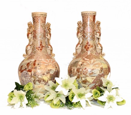 Pair Satsuma Porcelain Vases Japanese Urns Asian Painted