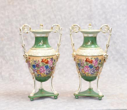Pair Sevres Porcelain Floral Vases Urns French Urn