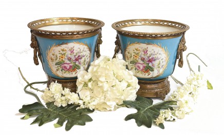 Pair Sevres Porcelain Planters Floral Cache Pots Urns