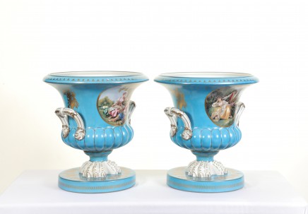 Pair Sevres Porcelain Urns Campana Romantic Scenes