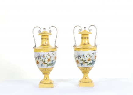 Pair Sevres Porcelain Vases Floral Amphora Urns