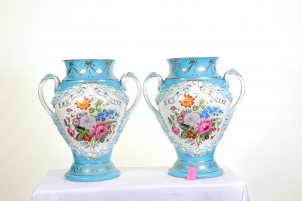 Pair Sevres Porcelain Vases Floral Urns French