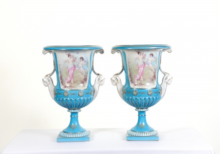Pair Sevres Urns Porcelain Cherub Campana Vase