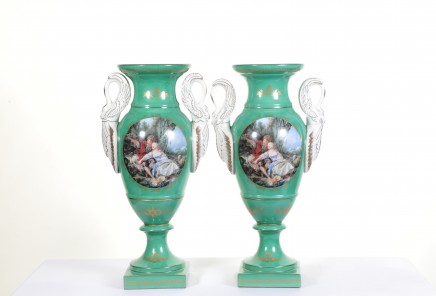 Pair Sevres Urns Romantic Panels Porcelain Vases