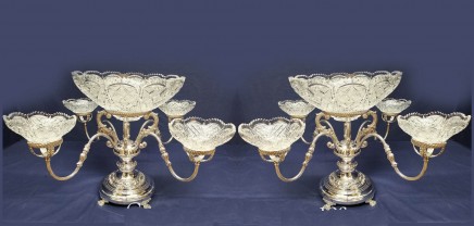 Pair Silver Plate Centrepiece - Sheffield Epergnes Glass Dish Serpent