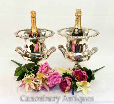 Pair Silver Plate Champagne Buckets - Campana Urn Wine Cooler