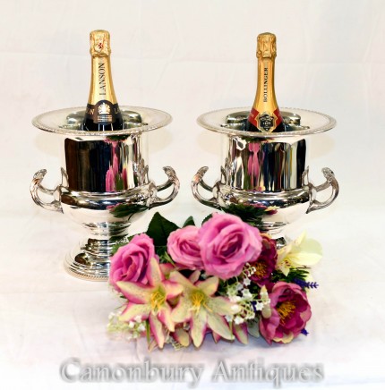 Pair Silver Plate Champagne Buckets - Plated Art Nouveau Wine Cooler Urns